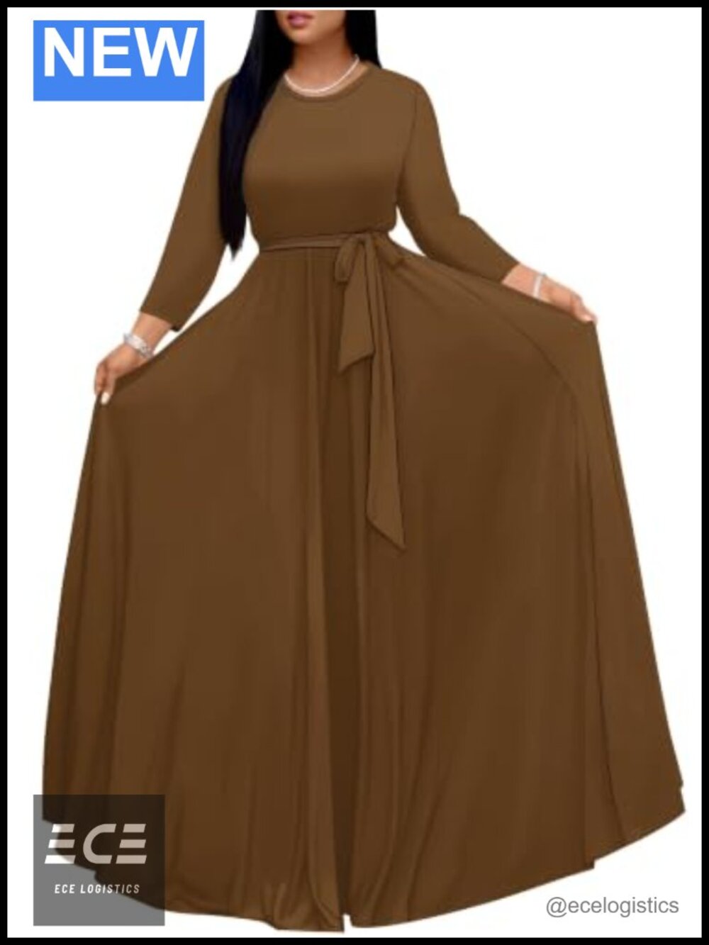 Casual Maxi Dress Women 3/4 Sleeve Crew Neck Tie Waist A-Line Side Pockets
